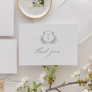 エレガントなサンキューカードテンプレート、結婚式のサンキューカード、モノグラムサンキューカードの印刷可能、編集可能なサンキューカードテンプレート | Marie