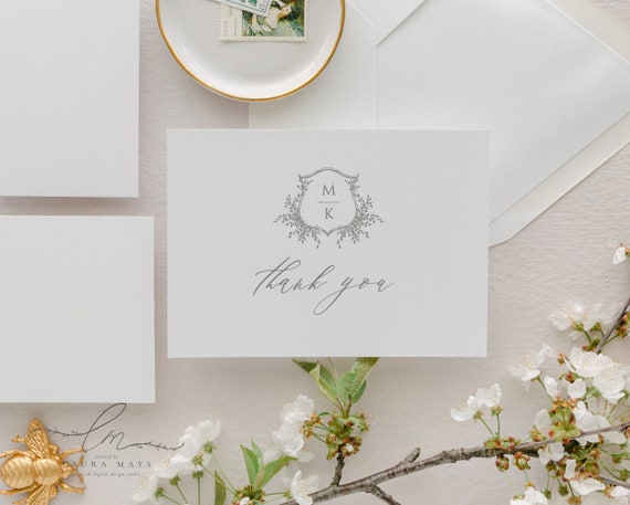 Elegant Thank You Card Template, Wedding Thank You, Monogram Thank you Card Printable, Editable Thank You Card Template | Marie