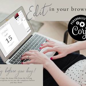May include: A laptop computer displaying a wedding table number template with the number 15. The text "Edit in your browser" is visible at the top of the image. The text "Try before you buy!" is visible at the bottom of the image. The text "PERSONALIZE WITH Corjl" is visible in a black circle with white text.