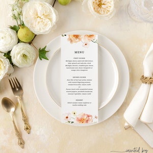 Peach Floral Wedding Menu Download | Orange Botanical Floral Wedding Menu Template | Printable Dinner Menu Card | Wedding Template |Courtney