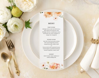 Peach Floral Wedding Menu Download | Orange Botanical Floral Wedding Menu Template | Printable Dinner Menu Card | Wedding Template |Courtney