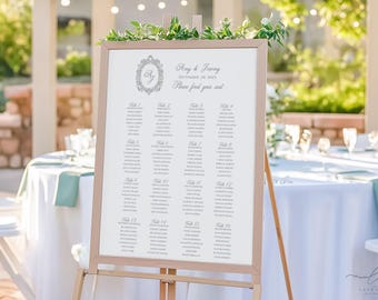 AMY | Wedding Seating Plan Template, Crest & Monogram, Seating Chart Printable, Seating Poster, Editable, Corjl Instant Download