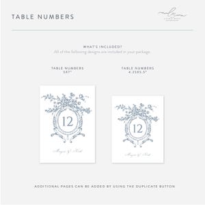 MARGARET | Dusty Blue Wedding Table Number Template, Botanical Floral Crest Wedding Table Numbers Download, Classic Table Number Template image 4