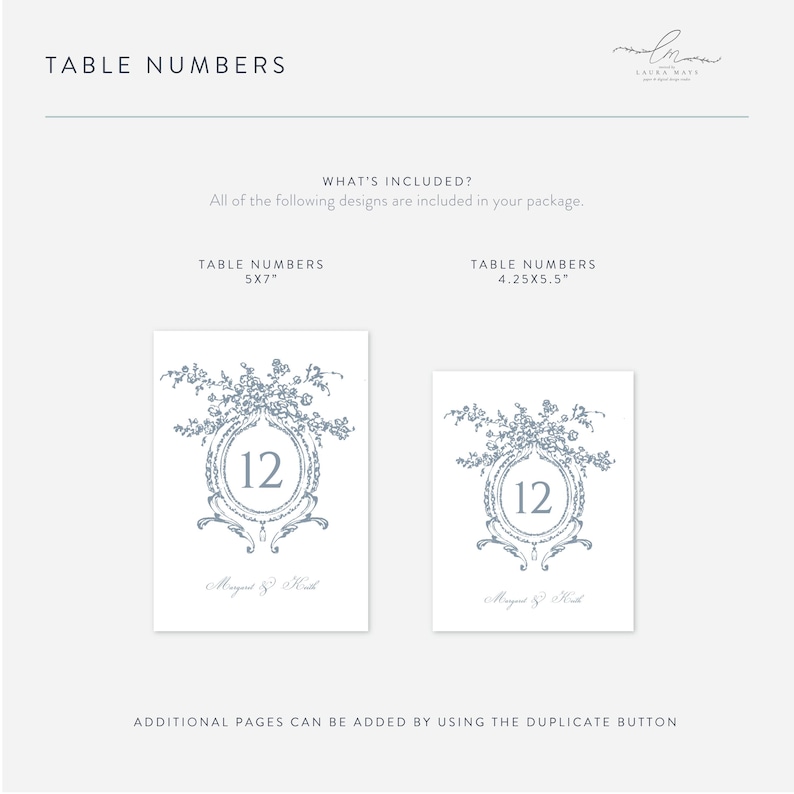MARGARET | Dusty Blue Wedding Table Number Template, Botanical Floral Crest Wedding Table Numbers Download, Classic Table Number Template image 4
