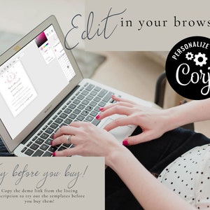 May include: A person is using a laptop to edit a wedding invitation template. The invitation is pink and white with a floral design. The text on the invitation says "Marrying" and "[Name] & [Name]" The laptop screen shows a Corjl editor with colour and font options. The text on the screen says "Edit in your browser" and "Personalize with Coryl".