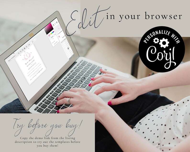 May include: A person is using a laptop to edit a wedding invitation template. The invitation is pink and white with a floral design. The text on the invitation says "Marrying" and "[Name] & [Name]" The laptop screen shows a Corjl editor with colour and font options. The text on the screen says "Edit in your browser" and "Personalize with Coryl".