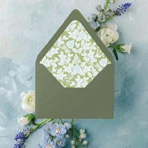 MADISON | Envelope Liner Wedding Invitation Insert A7 Sage Green Liner Light Blue Floral Botanical Print Toile Pattern Romantic Winter