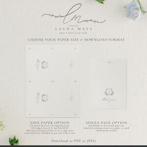 May include: A white background with a floral design and the text "invited by LAURA MAYS paper & digital design studio CHOOSE YOUR PAPER SIZE & DOWNLOAD FORMAT". There are two options for downloading the design: "SAVE PAPER OPTION" and "SINGLE PAGE OPTION".