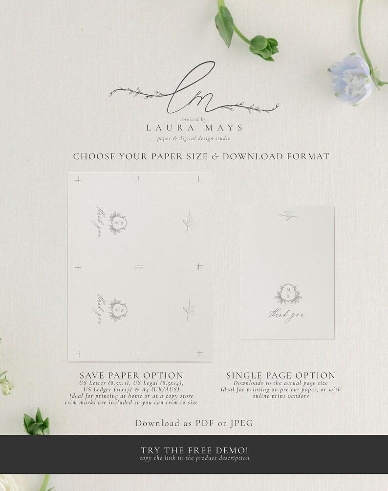 May include: A white background with a floral design and the text "invited by LAURA MAYS paper & digital design studio CHOOSE YOUR PAPER SIZE & DOWNLOAD FORMAT". There are two options for downloading the design: "SAVE PAPER OPTION" and "SINGLE PAGE OPTION".