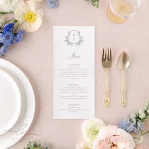 Crest Wedding Menu Template with Monogram, Formal Printable Wedding Menu, Wedding Table Menu Template Download, Menu Card | Marie