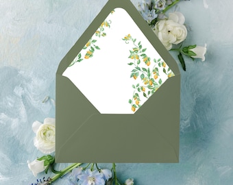 JESSICA / Forro para sobres de boda con diseño de limón / Estampado botánico amarillo y verde / Apto para sobres de tamaño europeo o cuadrado con solapa A7
