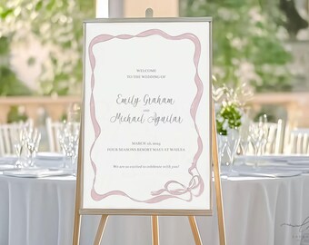 EMILY | Dusty Pink Wavy Border Wedding Welcome Sign, Ribbon and Bow DIY Template for Wedding Easel Poster, Hand Drawn Pink Wedding Signage
