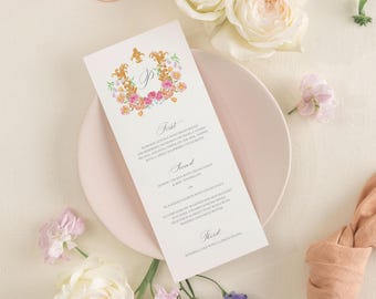 KRISTI | Wildflower Crest Menu Card, Pink Floral Wedding Menu, Spring Garden Flower Bridal Shower Menu Editable, Colorful Floral Menu