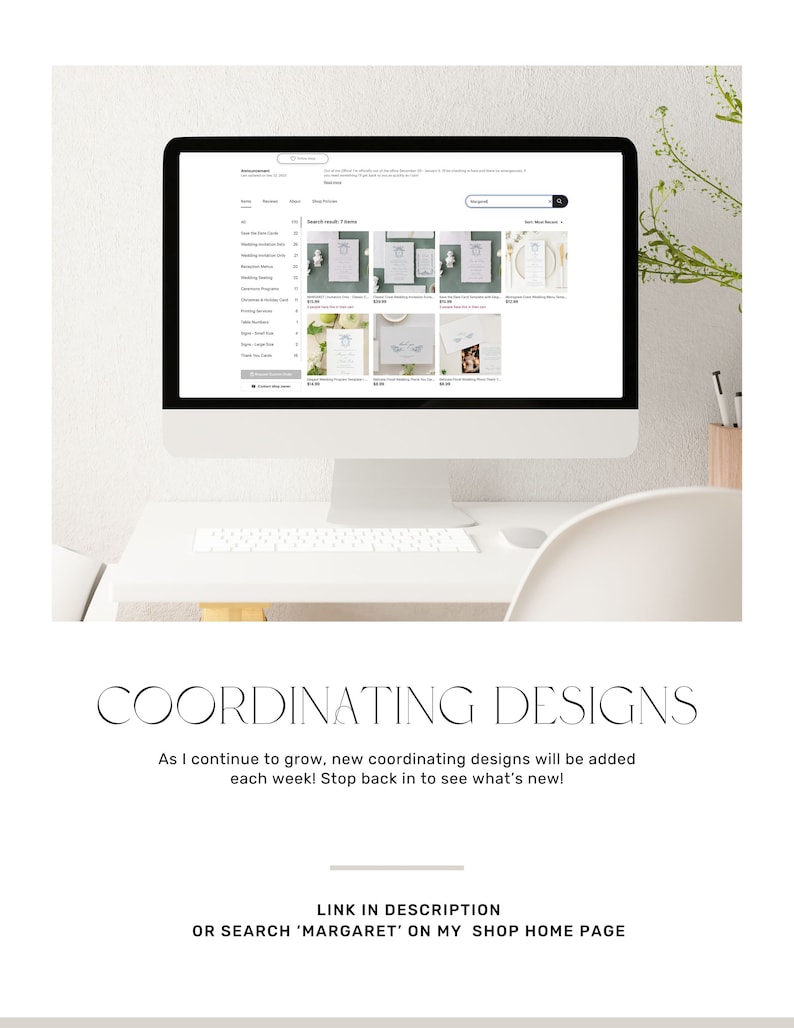 May include: A computer screen displaying a website with a search results page for wedding invitations. The website shows a variety of invitation designs with different colors and styles. The text on the screen reads "Search results: 7 items".