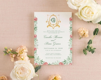CANDICE | Invitation Only | Printable Vintage Pink and Blue Floral Wedding Invitation Template Set Monogram Crest, Editable Romantic Invite