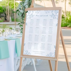 CASSANDRA | Dusty Blue Chinoiserie Seating Sign, Blue Floral Line Art, Botanical Seating Chart, Modern Minimalist Custom Sign Download