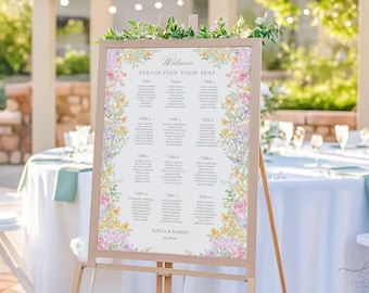 KAYLA | DIY Floral Wedding Seating Chart, Pink, Purple and Yellow Wedding Table Plan Template, Printable Wedding Sign, Wedding Seating Sign