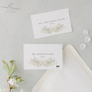 ELOISE | White Floral Place Cards Template, Name Card, Instant Download, Printable,  Digital Download, White Roses, Botanical Wedding