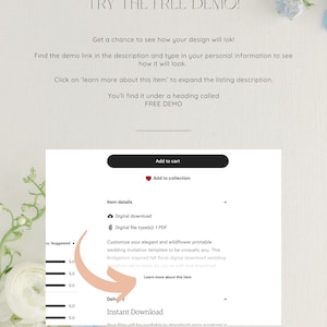 May include: A screenshot of an Etsy listing for a printable wedding invitation template. The listing features a floral design with a Bridgerton-inspired theme. The text "TRY THE FREE DEMO!" is displayed at the top of the image. The listing also includes a button that says "Add to cart".