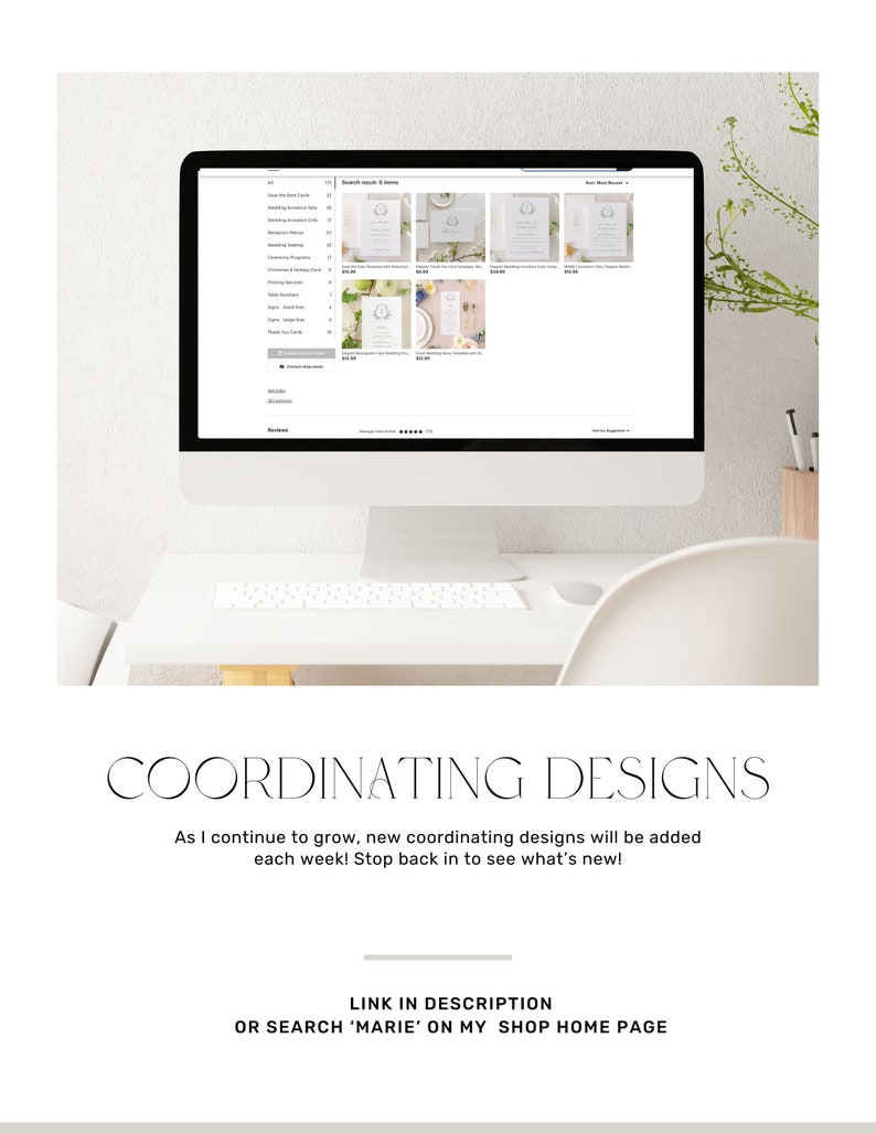 May include: A computer screen displaying a website with a variety of wedding stationery designs. The designs feature a floral wreath motif and are available for purchase. The text on the screen reads "Search results for "Items" and "Most Recent".