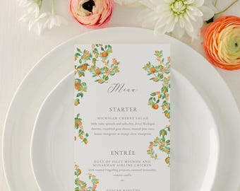 HANNAH | Editable Mediterranean Orange Floral Wedding Menu Event Menu Template, Custom Printable Menu 4x9, Corjl Instant Download