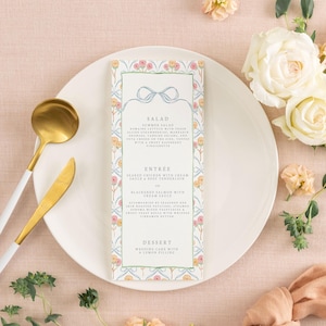JASMINE | Blue Bow Floral Wedding Menu Template, Printable Wedding Menu, Floral Wedding Table Decor, Minimal Wedding Decor, Garden Wedding