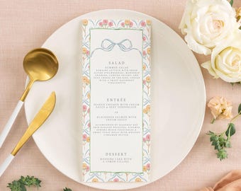 JASMINE | Blue Bow Floral Wedding Menu Template, Printable Wedding Menu, Floral Wedding Table Decor, Minimal Wedding Decor, Garden Wedding