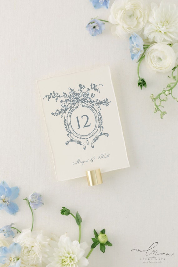 MARGARET | Dusty Blue Wedding Table Number Template, Botanical Floral Crest Wedding Table Numbers Download, Classic Table Number Template