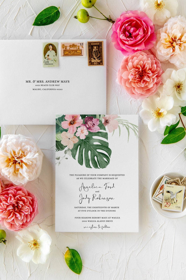 Tropical Wedding Invitation Template Set, Beach Wedding with Monstera Leaves and Hibiscus Printable Invitation Editable Angelica image 1