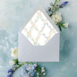 May include: A white envelope with a floral patterned interior, surrounded by white and blue flowers on a light blue background. The envelope's interior features a delicate grid of pastel flowers. The image has a soft, artistic aesthetic.