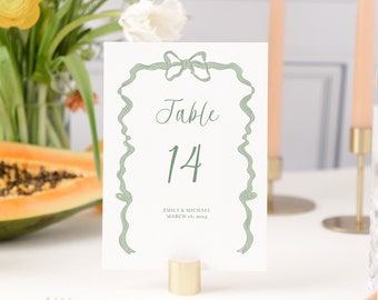 EMILY | Sage Green Wavy Table Numbers Template, Reception Number Signs with Ribbon and Bow, Number Cards Printable, Whimsical Wedding