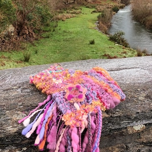 Hand dyed, hand spun and woven scarf/shawl, super soft wool, with needlefelted flower and art yarn tassels, Birds Rock