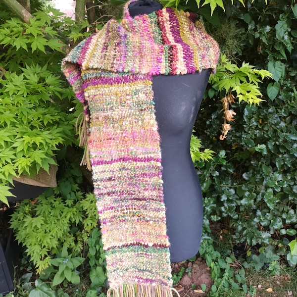 Hand woven scarf with hand spun art yarns and hand dyed warp, 78 inches long, 7 inches wide, Secret garden.