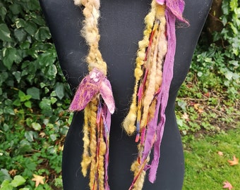 Hand spun and knit alpaca scarf/necklace with art yarn, chiffon tassels, 47 inches and 70 inches to the end of the tassels Autumn