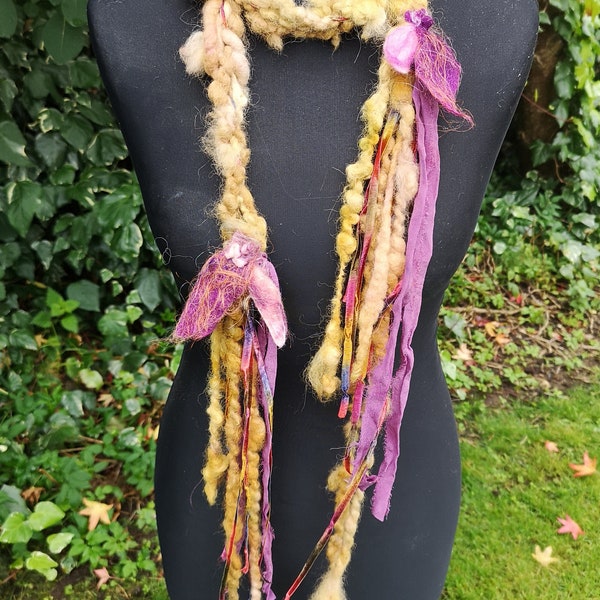 Hand spun and knit alpaca scarf/necklace with art yarn, chiffon tassels, 47 inches and 70 inches to the end of the tassels Autumn