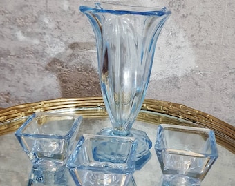 Pretty Blue Art Deco Glass 4 PC Set with Vase and Candle Holders