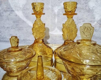Walther and Sohne Amber Leaf Pressed Glass Vanity Set