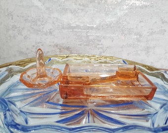 Art Deco Vintage Mix and Match Blue and Salmon Pressed Glass Vanity Set