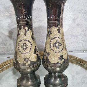 Stunning Pair of Vintage Indian Dark Brass Vases with etched light brass floral  detail