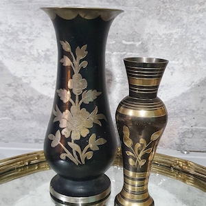 Vintage Indian Dark Brass Vases with etched light brass floral  detail
