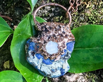 Blue Imperial Jasper Crystal | Natural Mother Of Pearl |  Copper Electroformed | OOAK Pendant Necklace