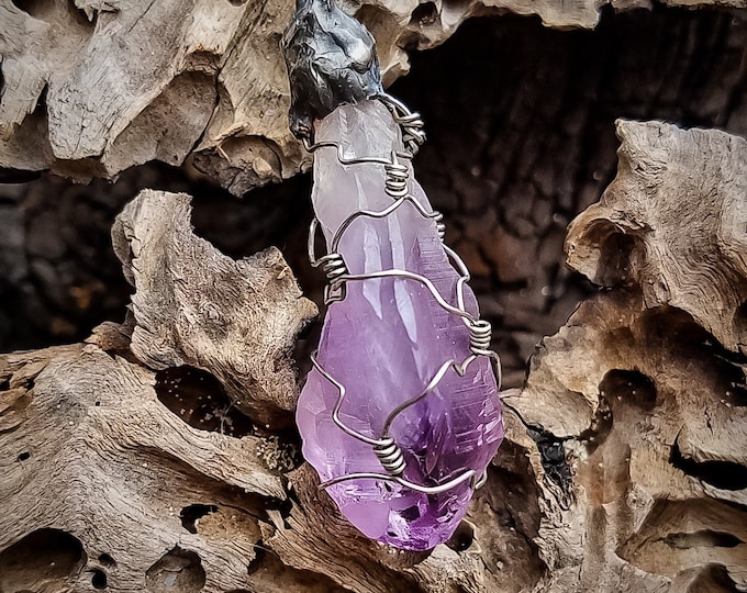 Amethyst Crystal Point | Silver and Stainless Steel Hand-Wrapped | OOAK Handmade Pendant Necklace