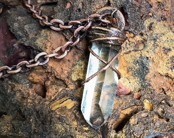 Natural Clear Crystal Arkansas Point Pendant * Copper Hand-Wrapped *  Copper Electroformed * OOAK Necklace * Hand Crafted * Oxidized