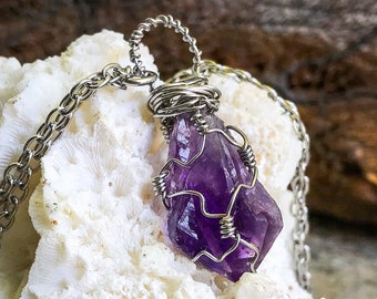 Natural Amethyst Point Crystal Pendant | Hand-Wrapped Stainless | OOAK Handmade Necklace