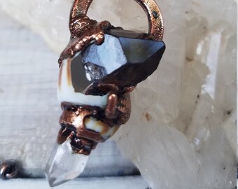 Ocean Inspired Seashell Pendant  | Clear Crystal Point | Black Smokey Point | OOAK Handmade Necklace