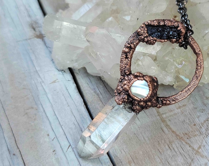 Clear Point Quartz Crystal | Tourmaline | Abalone Shell Center | OOAK Pendant Necklace