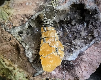 Raw Yellow Calcite | Stainless Steel Hand-Wrapped | OOAK Handmade Pendant Necklace