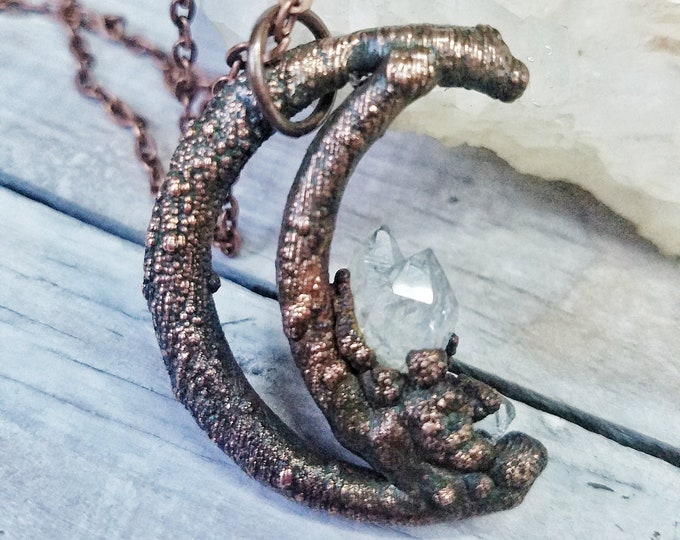 Crescent Moon Pendant | Raw Twin Quartz Crystal | Clear Quartz Crystal  | OOAK Handmade Necklace