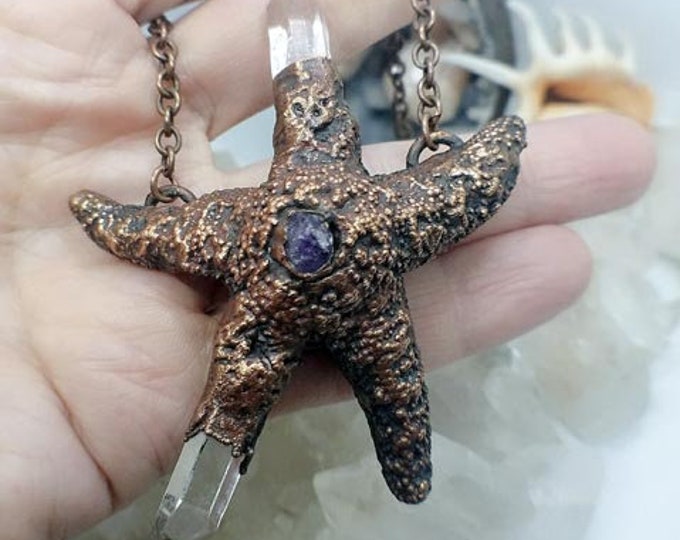 Beach Inspired Starfish Pendant | Clear Crystal Points | Raw Amethyst Center | OOAK Necklace | Statement Piece