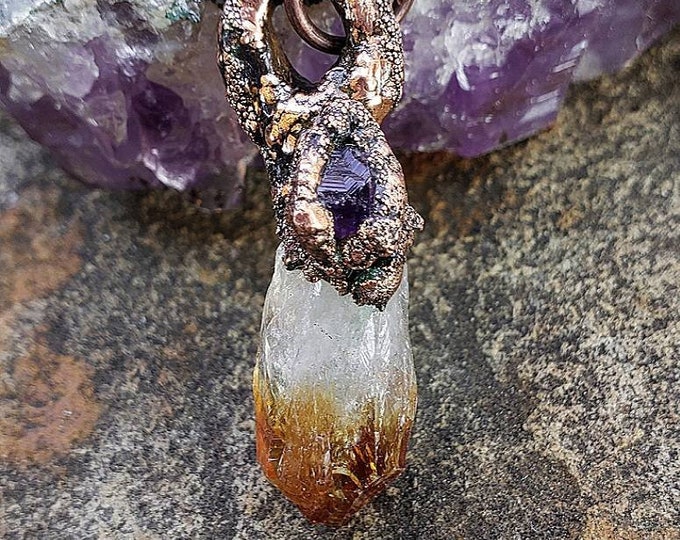 Raw Honey Citrine Crystal | Raw Amethyst Center | OOAK Pendant Necklace